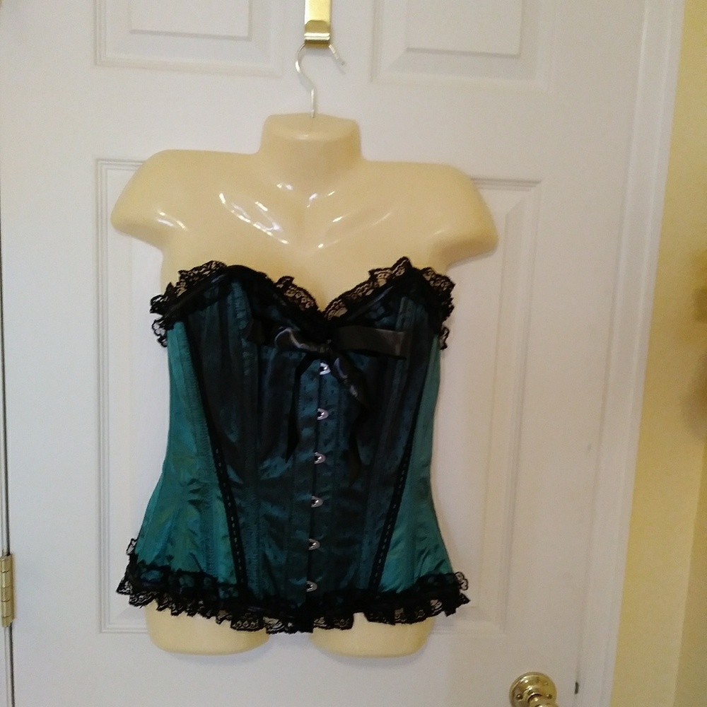 Beautiful green satin corsett trimmed with black l